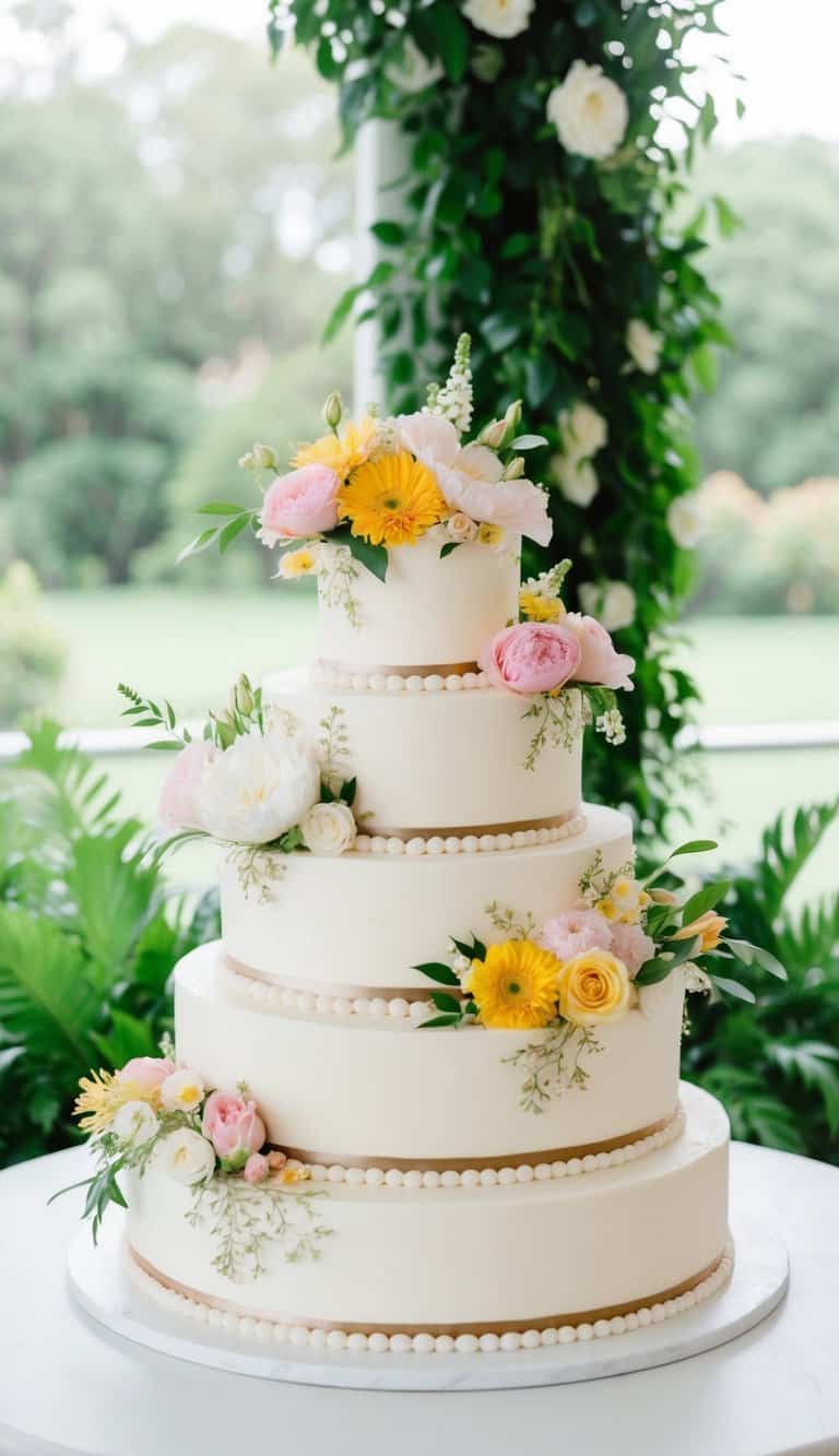 A tiered cake adorned with an array of fresh flowers, set against a backdrop of lush greenery and soft natural lighting