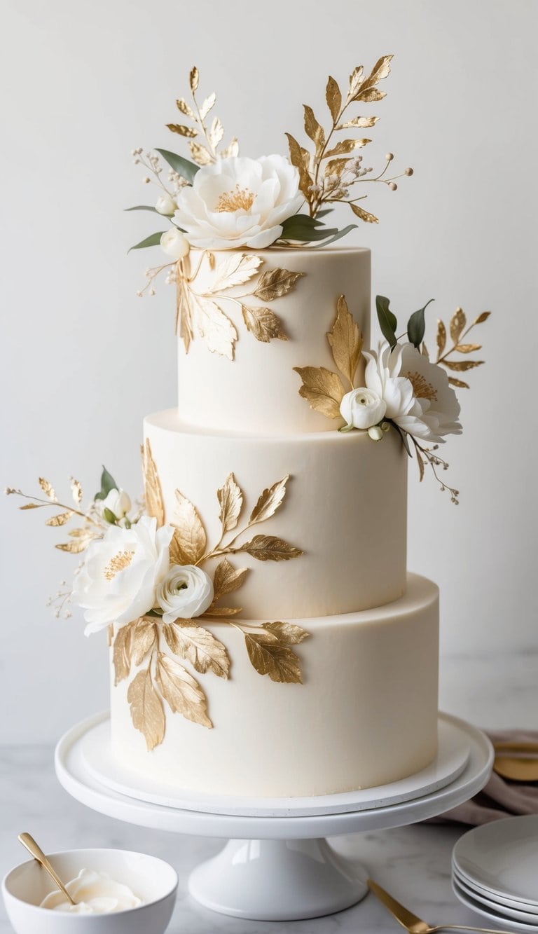 A three-tiered cake adorned with intricate gold leaf accents and delicate floral decorations