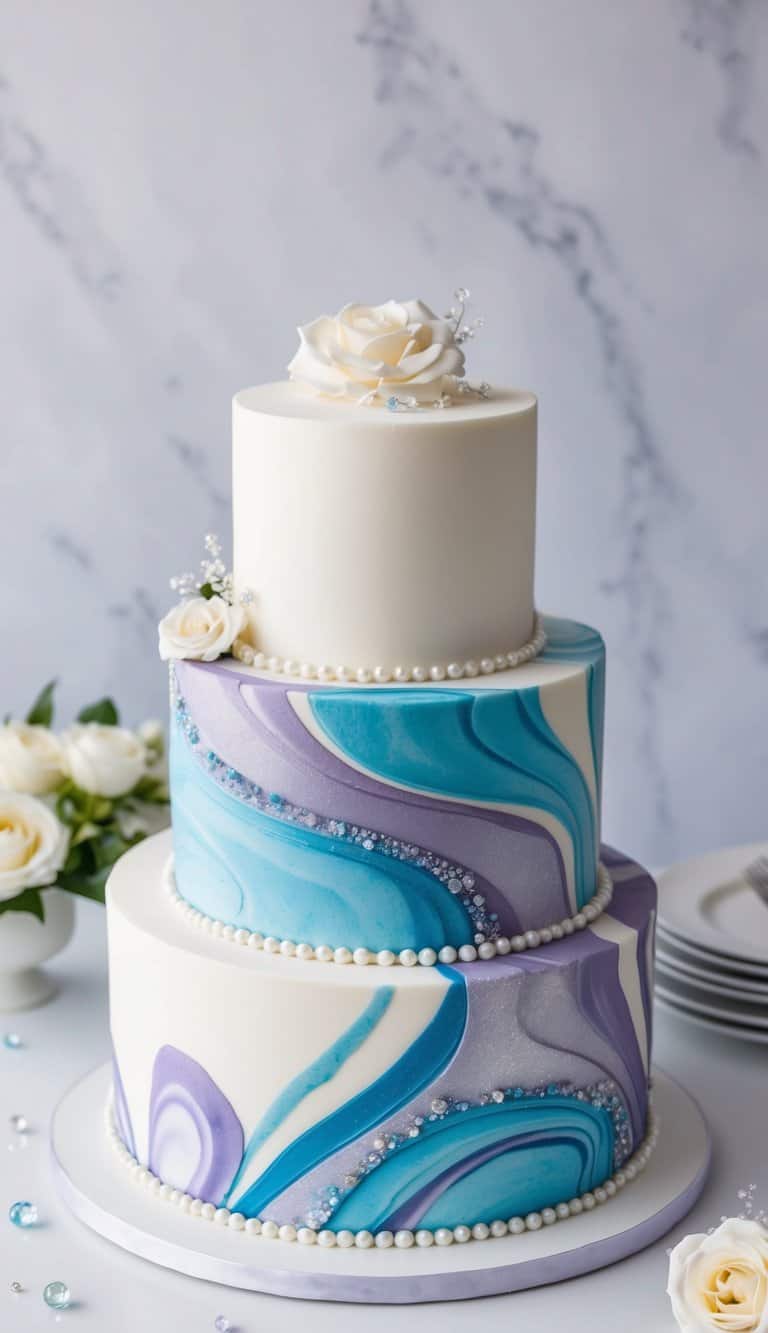 A white fondant cake with swirling marbled effect in shades of blue, purple, and silver, adorned with delicate edible pearls and shimmering sugar crystals