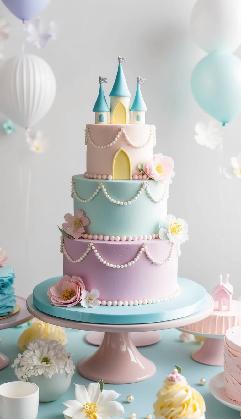 A princess castle cake adorned with pastel-colored frosting, delicate sugar flowers, and sparkling edible pearls sits atop a table surrounded by baby shower decorations
