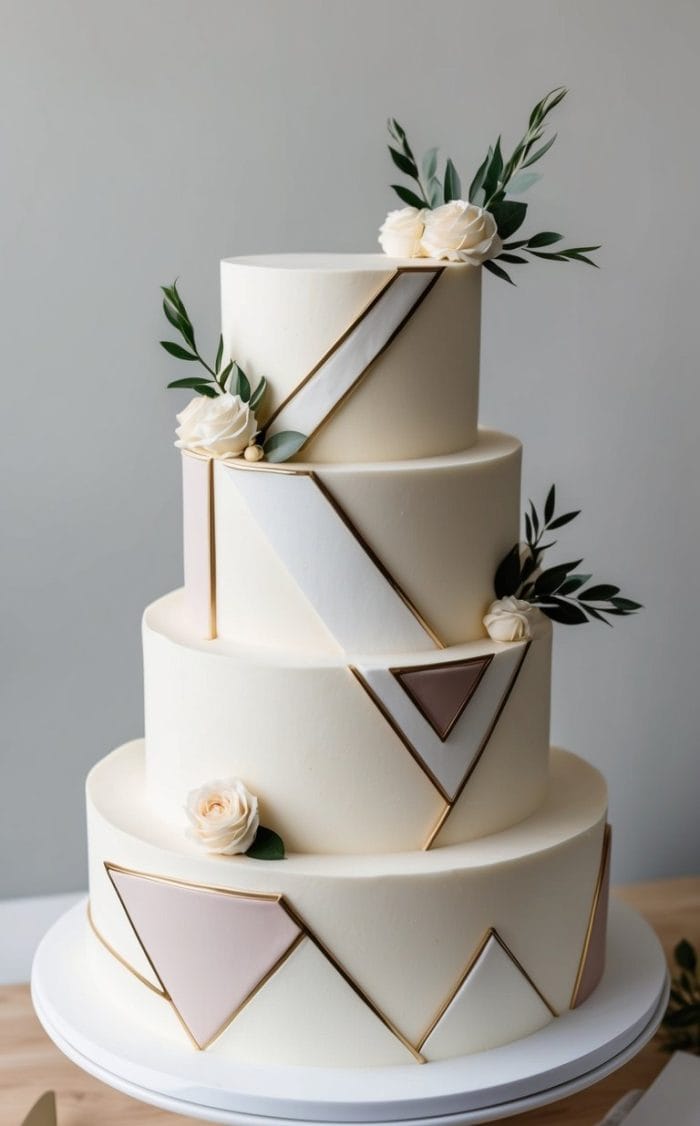 A four-tiered white cake decorated with geometric shapes in pastel tones and gold edges, adorned with white roses and green leaves, displayed on a white cake stand.