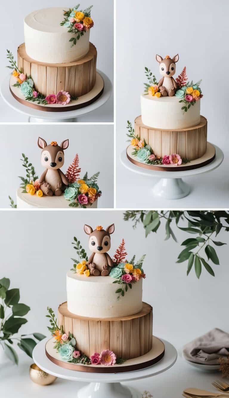 A woodland-themed cake adorned with adorable baby girl woodland creatures and colorful floral decorations