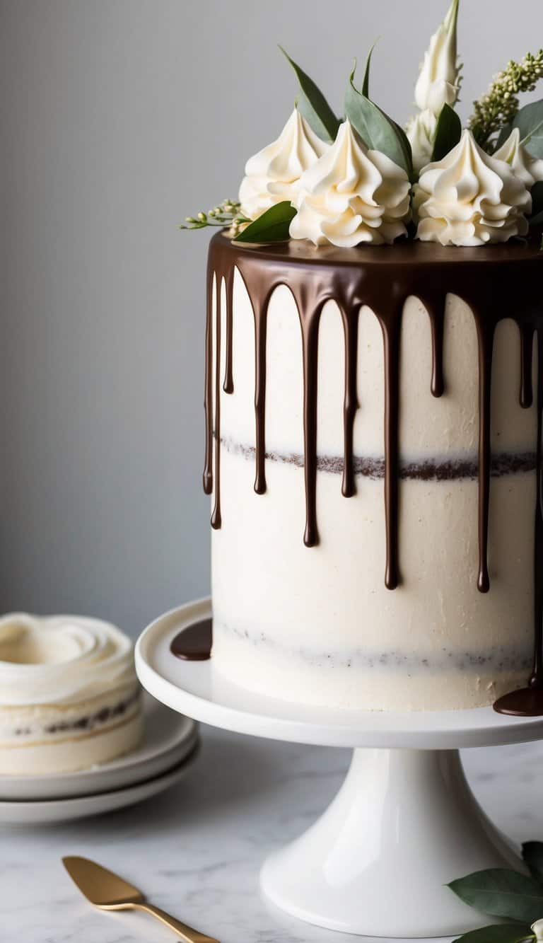 A rich, glossy drip of chocolate cascades down the side of a decadent cake, creating an elegant and mouthwatering effect