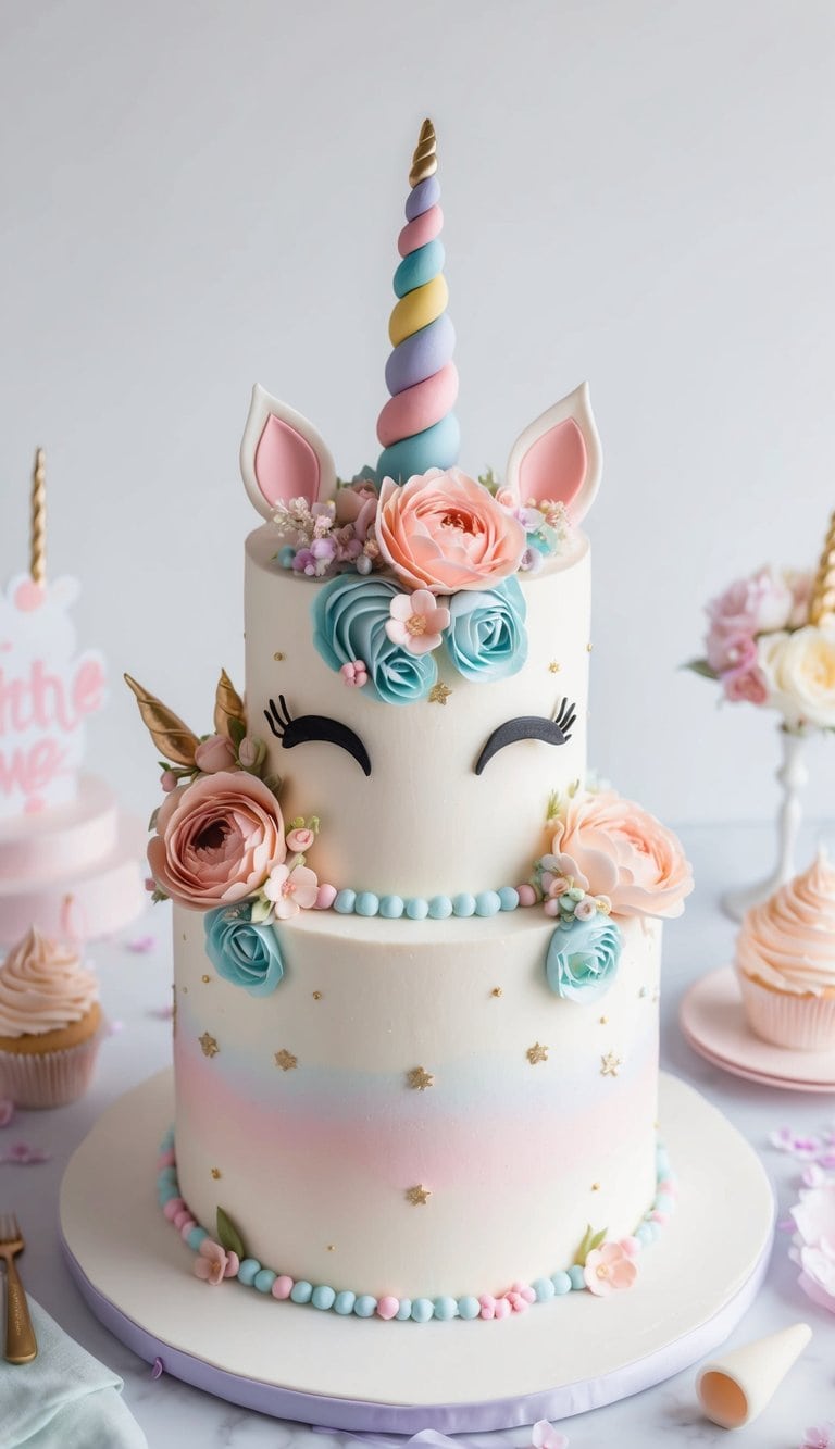 A whimsical unicorn cake adorned with pastel flowers and sparkles, surrounded by baby girl-themed decorations