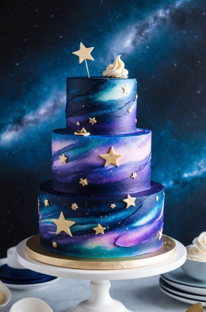 A three-tiered cake decorated with a galaxy theme, featuring swirled blue, purple, and white icing, gold star decorations, and a gold star topper, set against a starry night sky background.