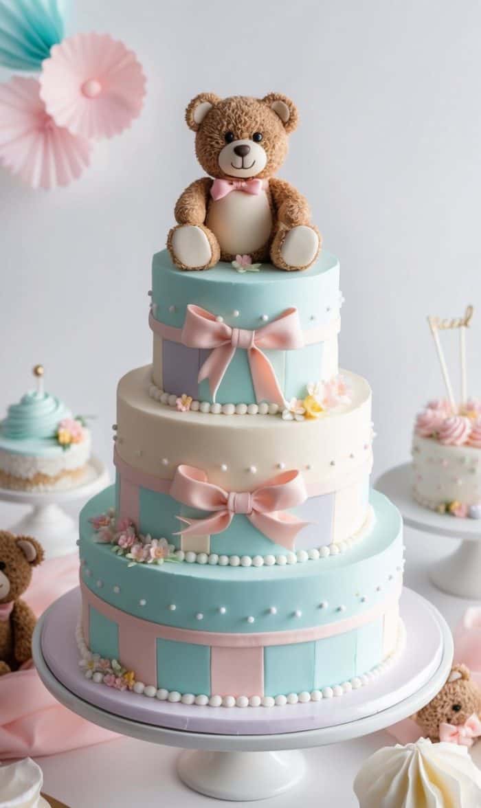 A three-tier pastel cake decorated with pink bows, white pearls, and small flowers, topped with a smiling teddy bear. Cupcakes and teddy bear decorations are visible in the background.