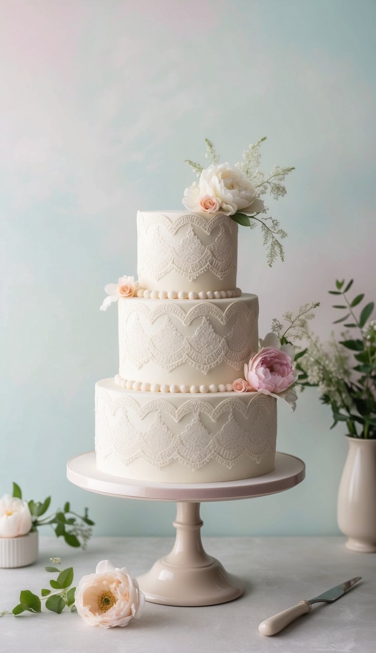 A vintage lace patterned cake displayed on a elegant stand against a soft, pastel backdrop with delicate floral accents