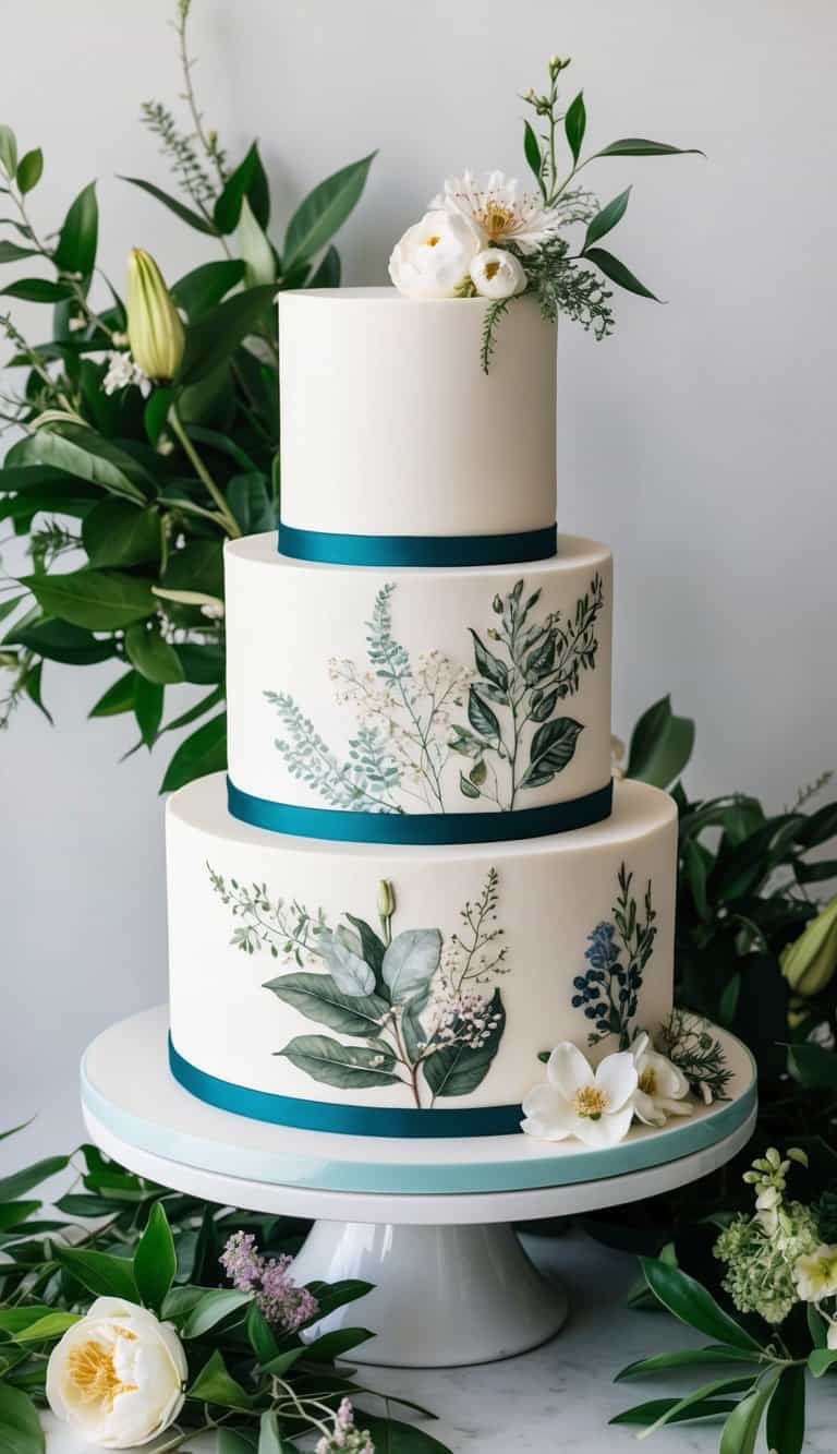 A tiered cake adorned with intricate botanical illustrations, surrounded by lush greenery and delicate flowers