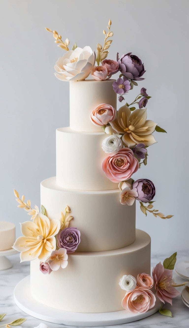 A tiered cake adorned with meticulously sculpted sugar flowers in various colors and sizes, creating an elegant and visually stunning centerpiece