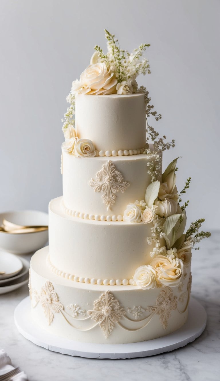 A cake adorned with intricate piping and delicate details, showcasing elegance and visual appeal
