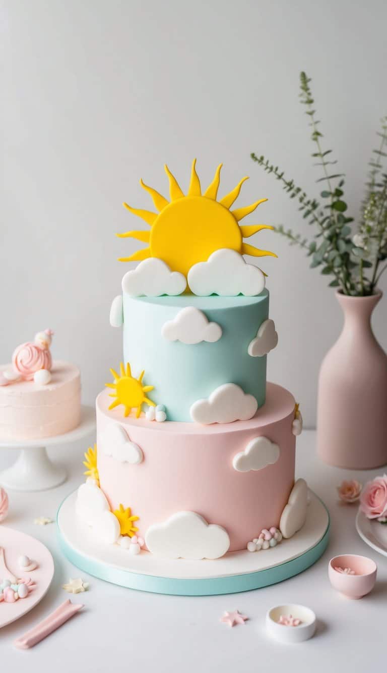 A pastel pink cake adorned with fluffy white clouds and a bright yellow sun, surrounded by delicate baby-themed decorations