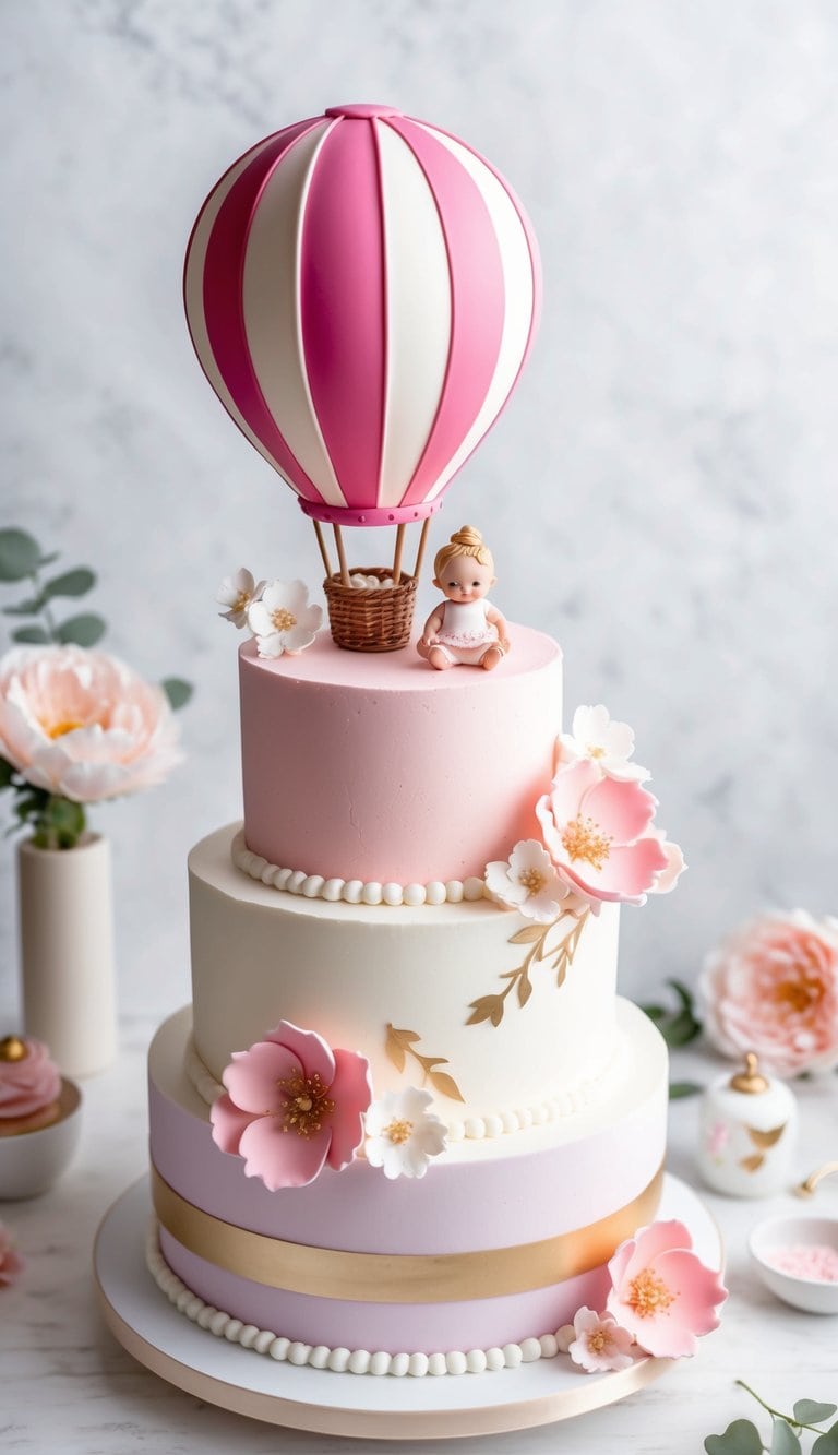 A hot air balloon cake with pink and white frosting, adorned with delicate sugar flowers and a cute baby girl figurine on top