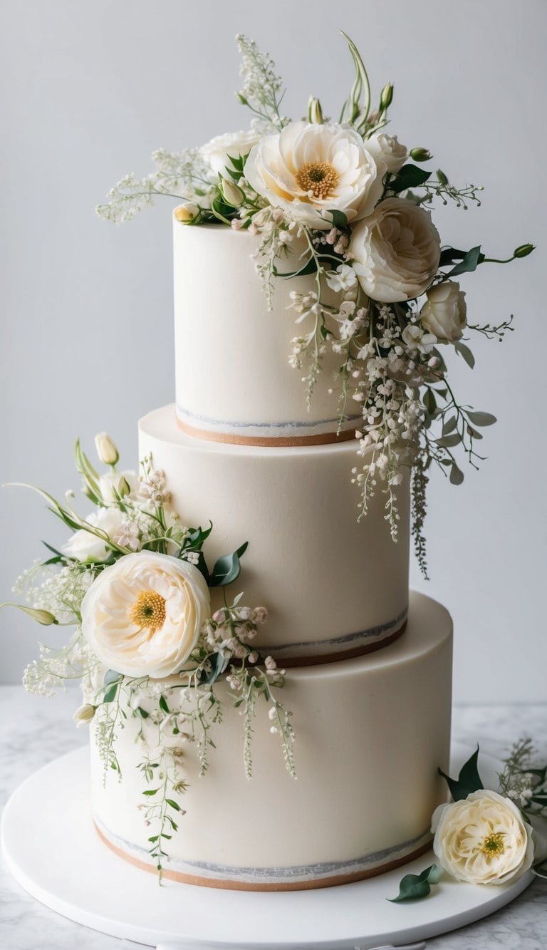 A cascading floral arrangement adorns an elegant cake, with intricate details and visually stunning design