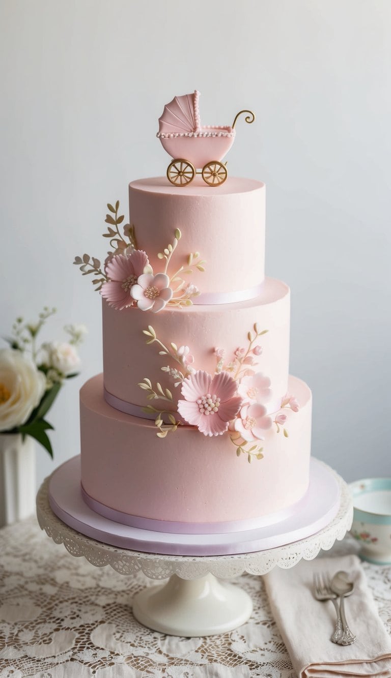 A pastel pink cake adorned with delicate fondant flowers and a tiny baby carriage topper sits on a vintage lace tablecloth