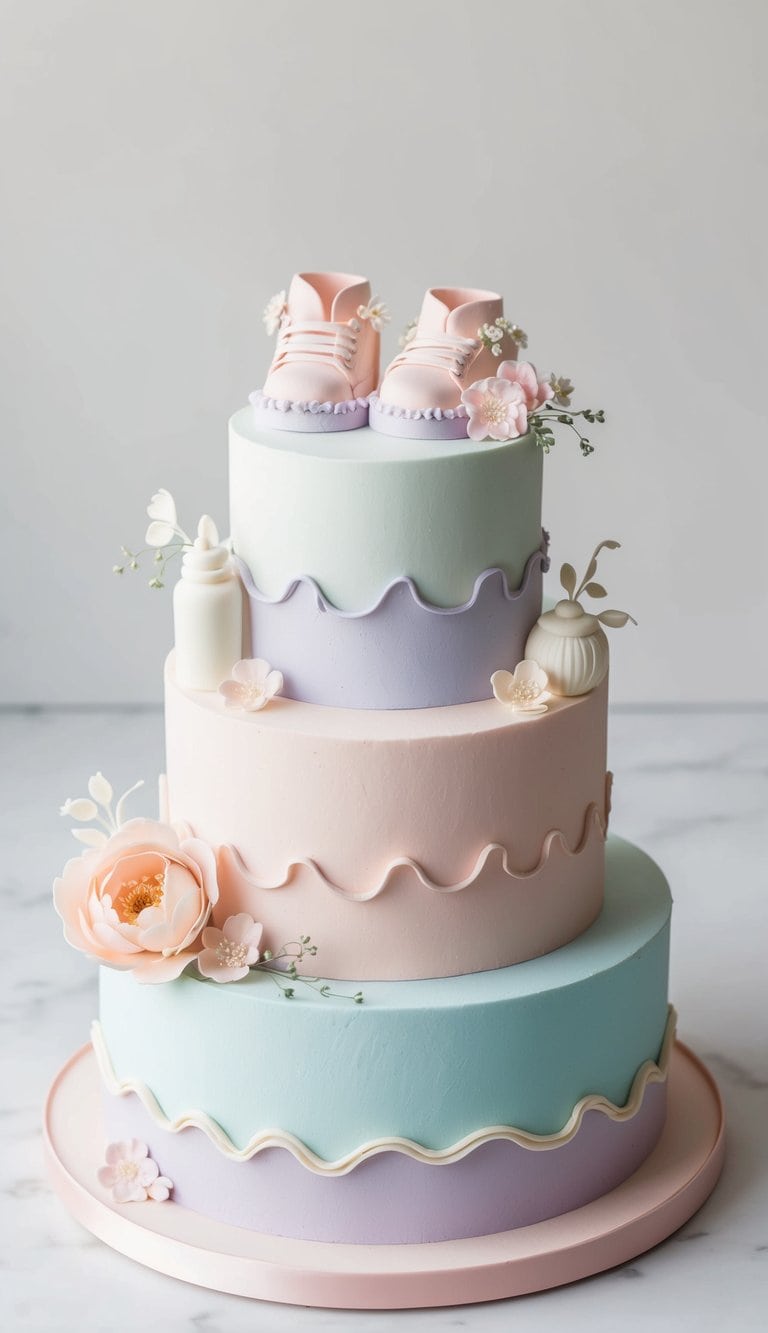 A pastel-colored tiered cake adorned with fondant baby items and delicate floral decorations