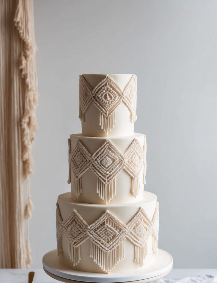 A three-tiered white cake with intricate beige macramé-style icing decoration sits on a cake stand, surrounded by cups, a saucer, and gold utensils on a marble surface.