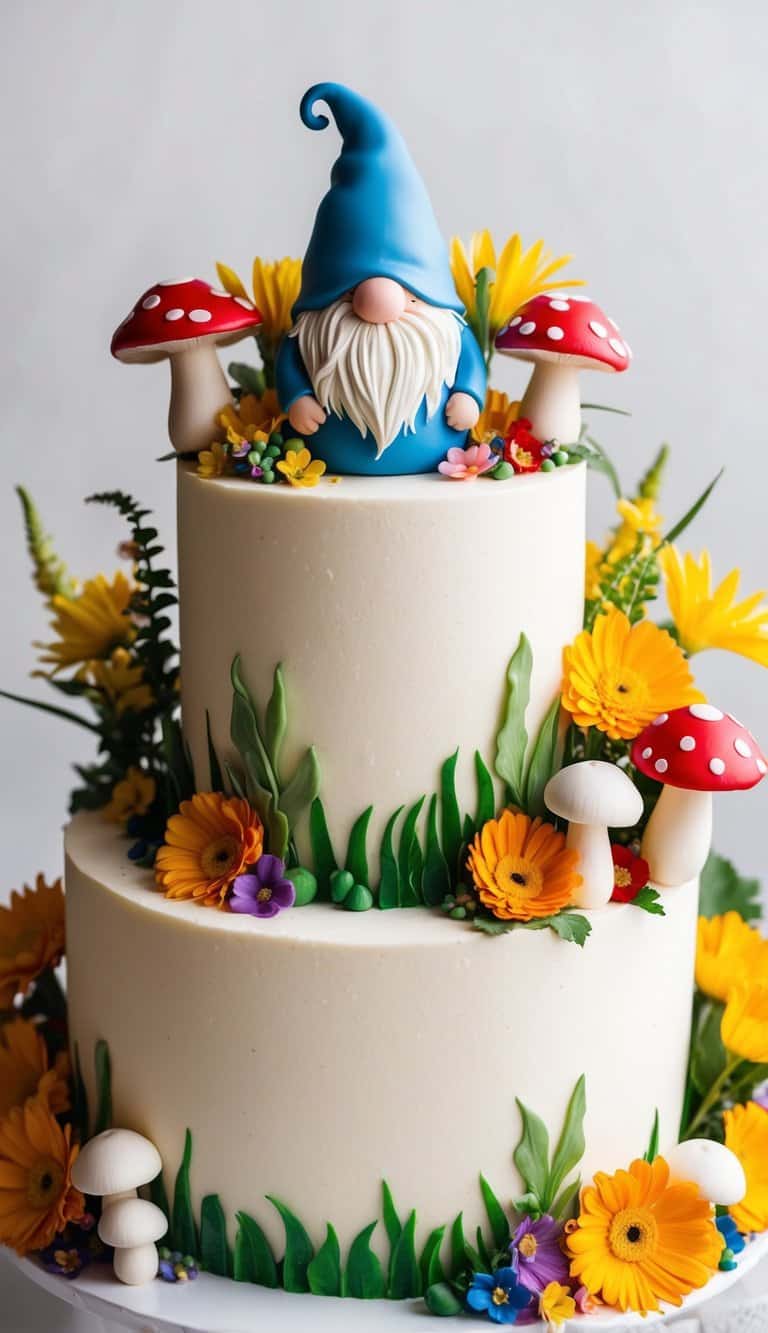 A garden gnome-themed cake surrounded by colorful flowers and whimsical mushrooms
