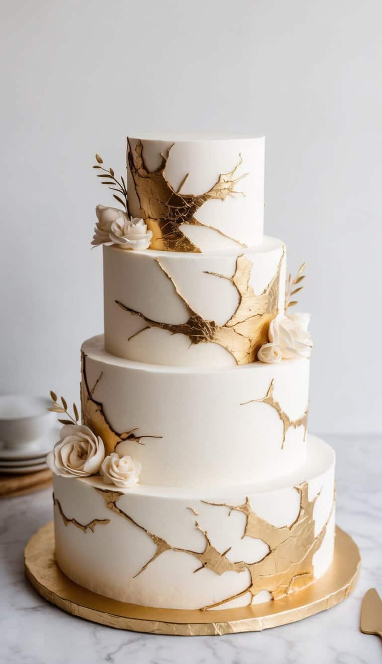 A three-tiered cake with intricate gold crack details, exuding elegance and sophistication