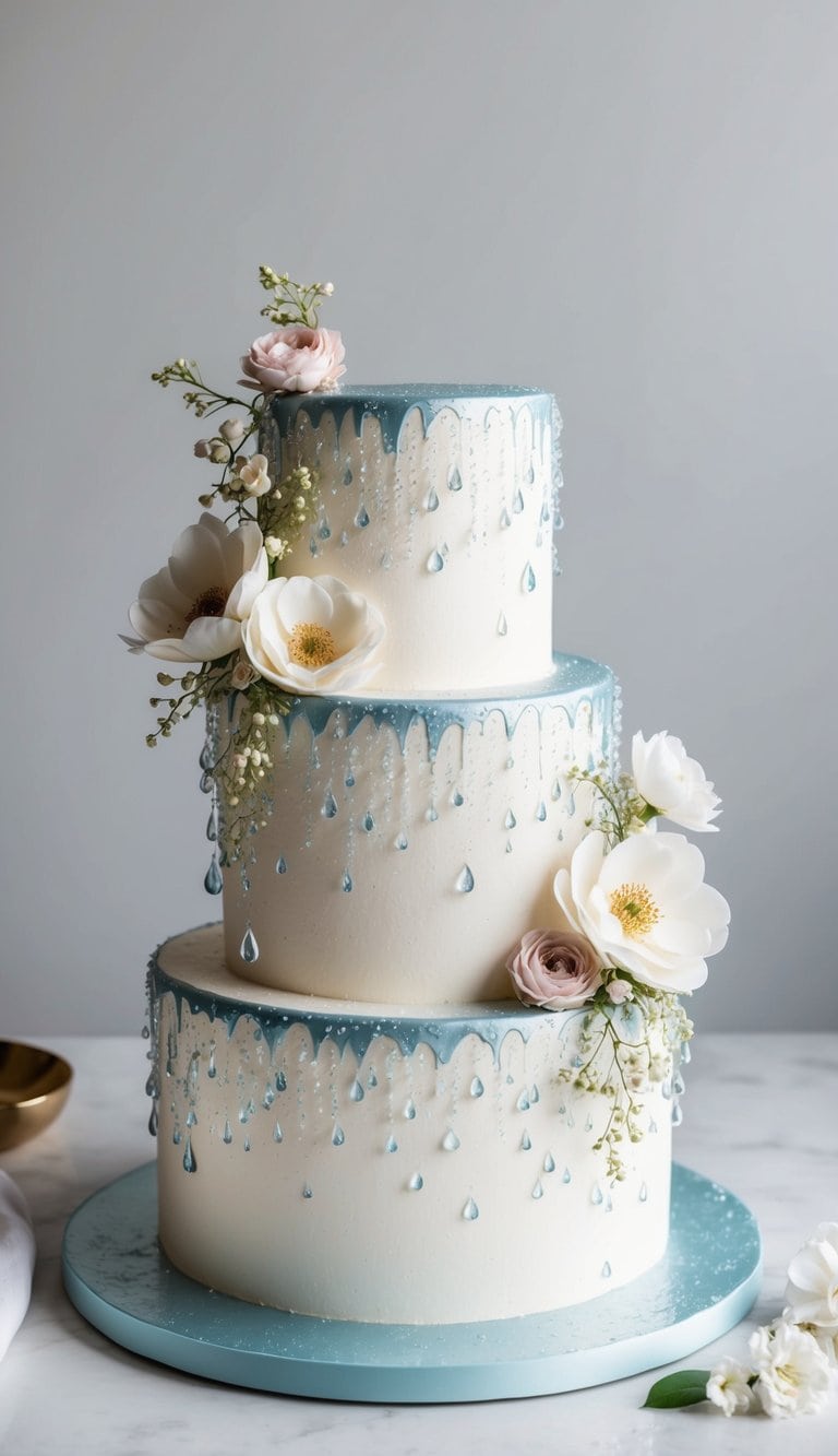 A three-tiered cake covered in delicate, glistening raindrops, with cascading flowers and shimmering metallic accents