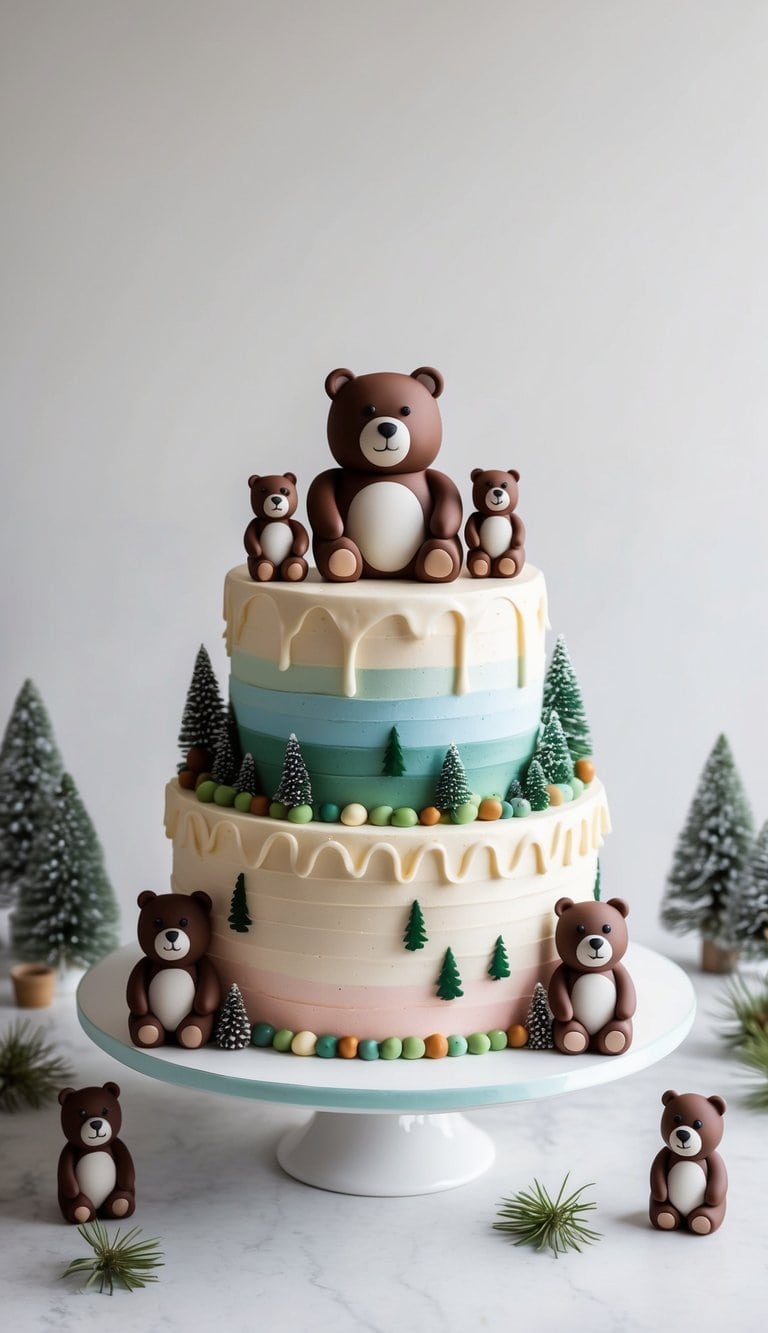 A bear-shaped cake adorned with colorful frosting and surrounded by miniature bear figurines and forest-themed decorations