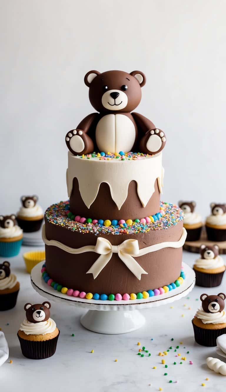 A chocolate teddy bear cake surrounded by smaller bear-themed cupcakes, all decorated with colorful frosting and sprinkles