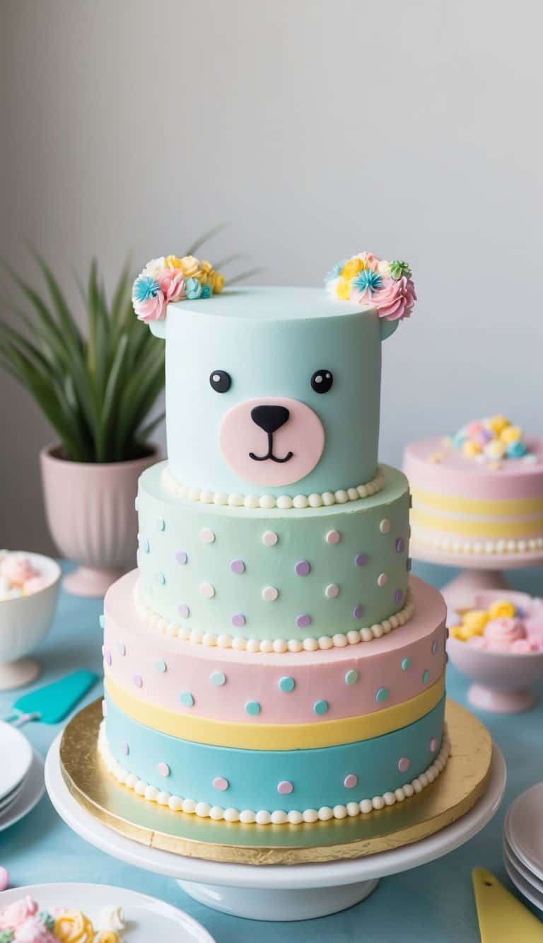A pastel bear cake adorned with polka dots sits on a table, surrounded by colorful frosting and edible decorations