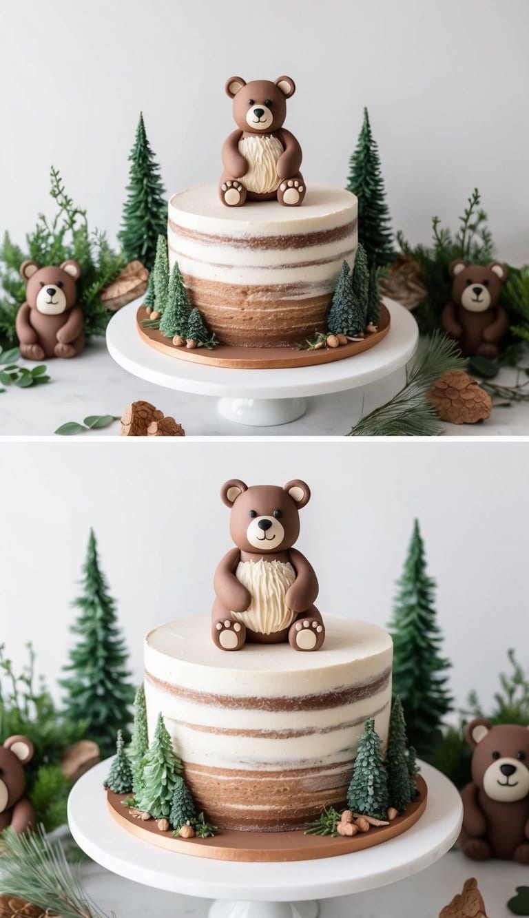 A rustic woodland bear cake surrounded by forest elements and cute bear-themed decorations