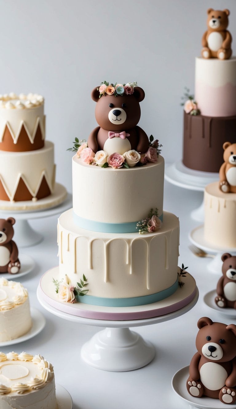 A bear-shaped cake adorned with a floral crown, surrounded by various other bear-themed cake designs