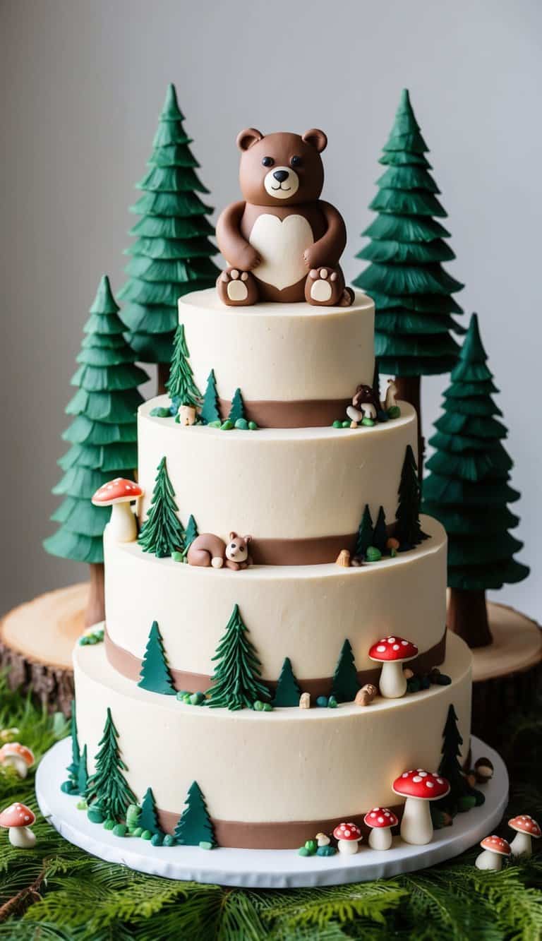 A bear-shaped cake surrounded by edible forest scenery, with trees, mushrooms, and woodland creatures