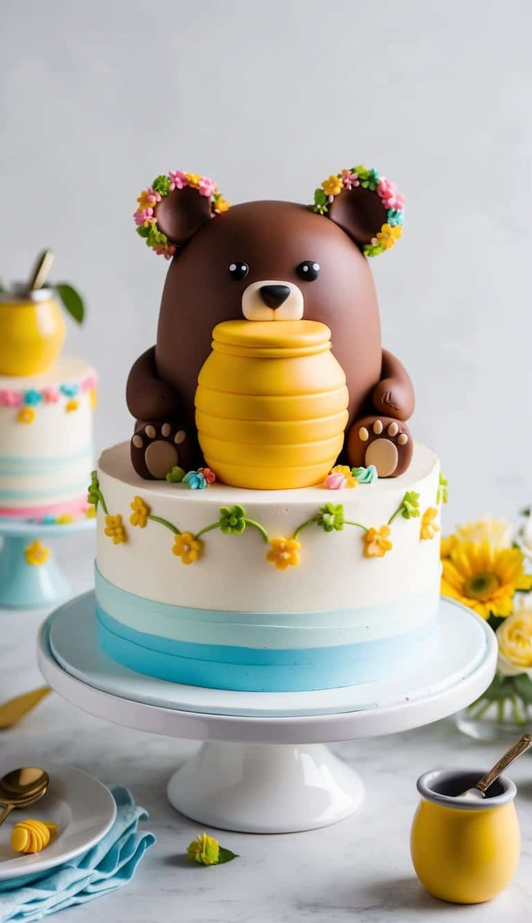 A bear-shaped cake adorned with a honey pot, surrounded by whimsical decorations and colorful frosting