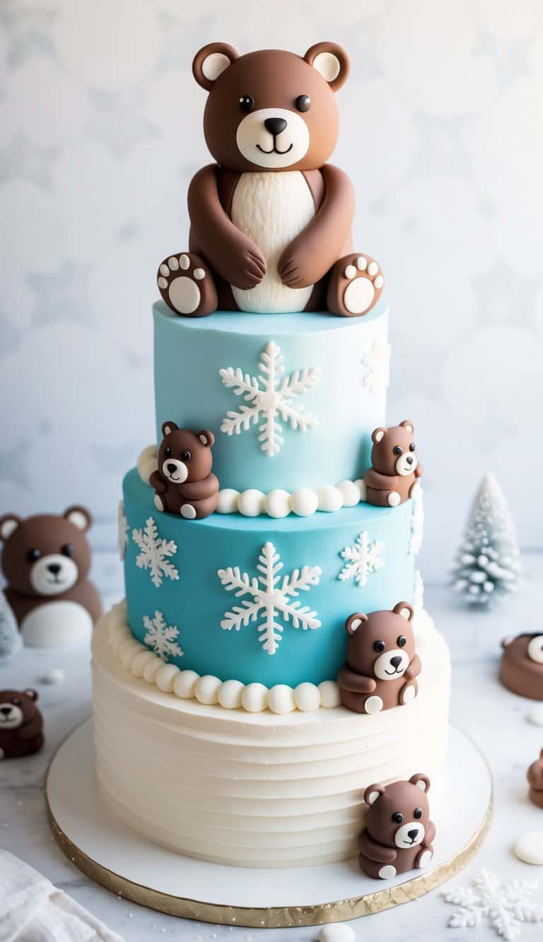 A winter bear cake surrounded by snowflakes, with cute and cuddly bear-themed decorations