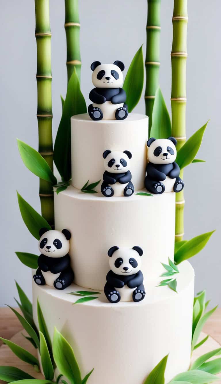 A panda bear-themed cake surrounded by bamboo leaves and adorned with fondant panda figurines and edible bamboo decorations
