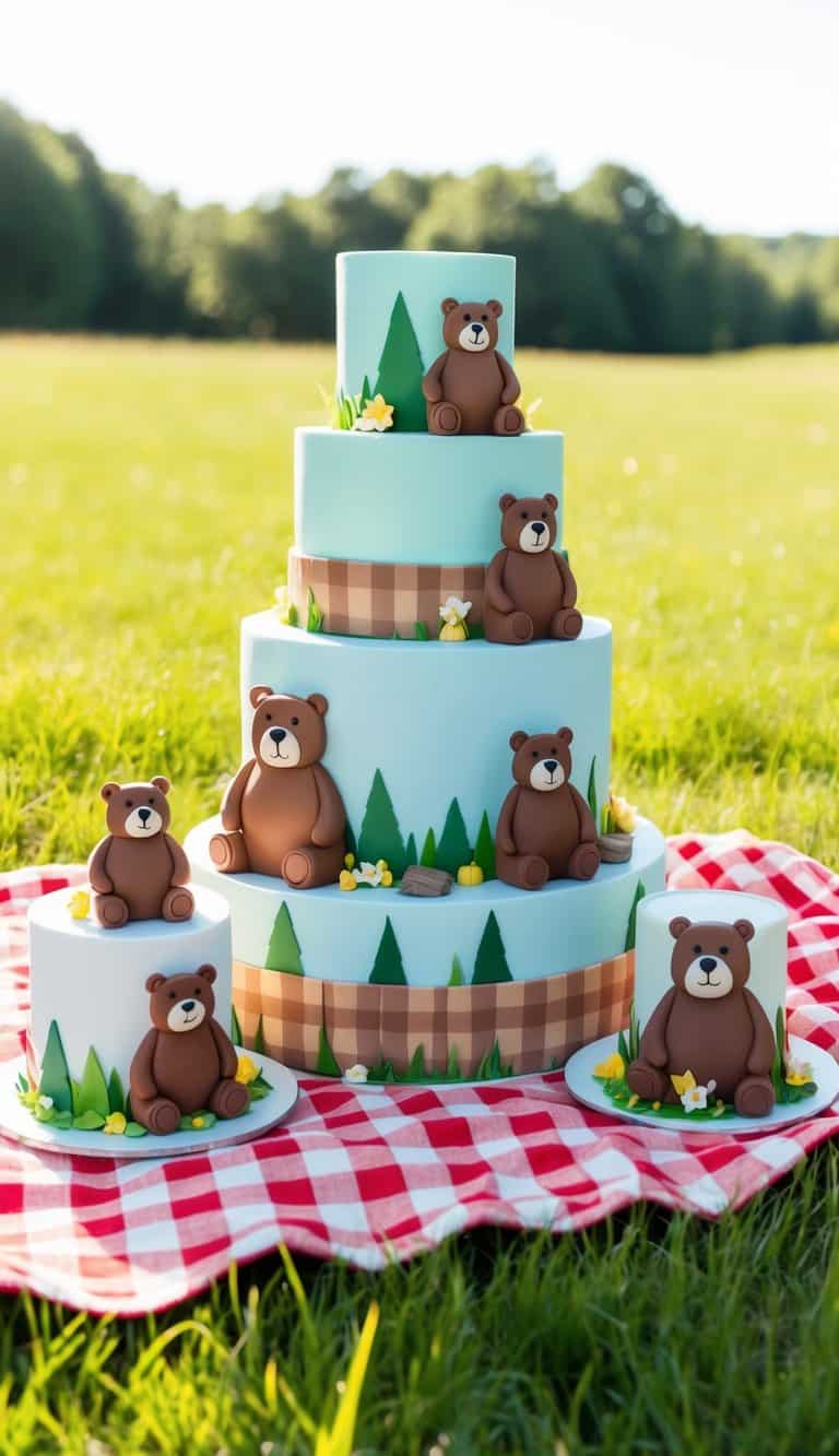 A whimsical bear picnic scene with a large cake surrounded by smaller bear-themed cakes, set on a checkered blanket with a sunny, grassy backdrop