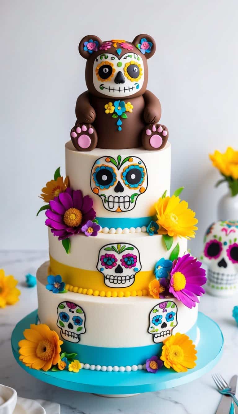 A colorful Day of the Dead bear cake surrounded by vibrant flowers and sugar skulls, with playful bear-themed decorations adorning the top and sides