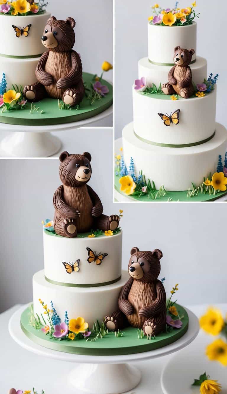 A mother bear and her baby bear sitting together on a grassy meadow, surrounded by colorful flowers and butterflies