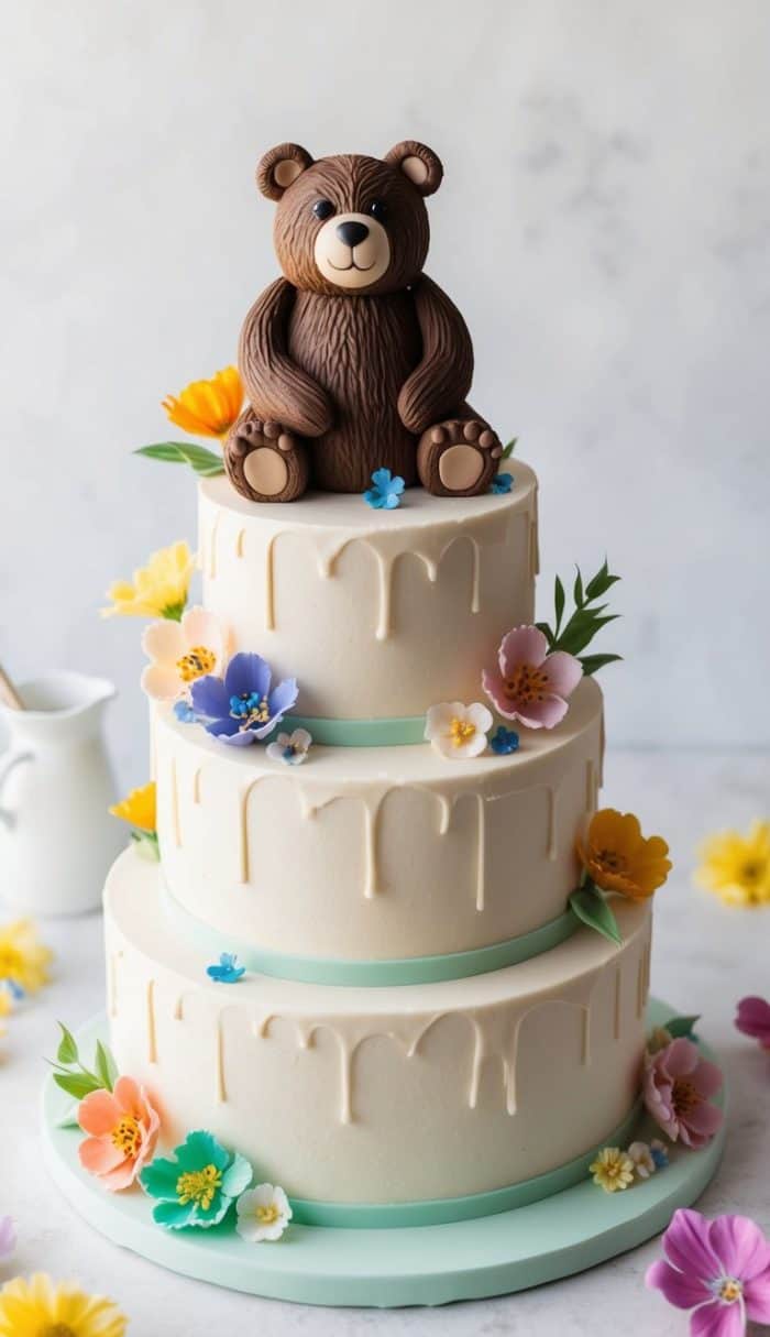 A three-tiered cake with white icing, decorated with colorful sugar flowers and topped with a cute, edible brown bear figurine. The cake is set on a white surface with scattered flowers around it.