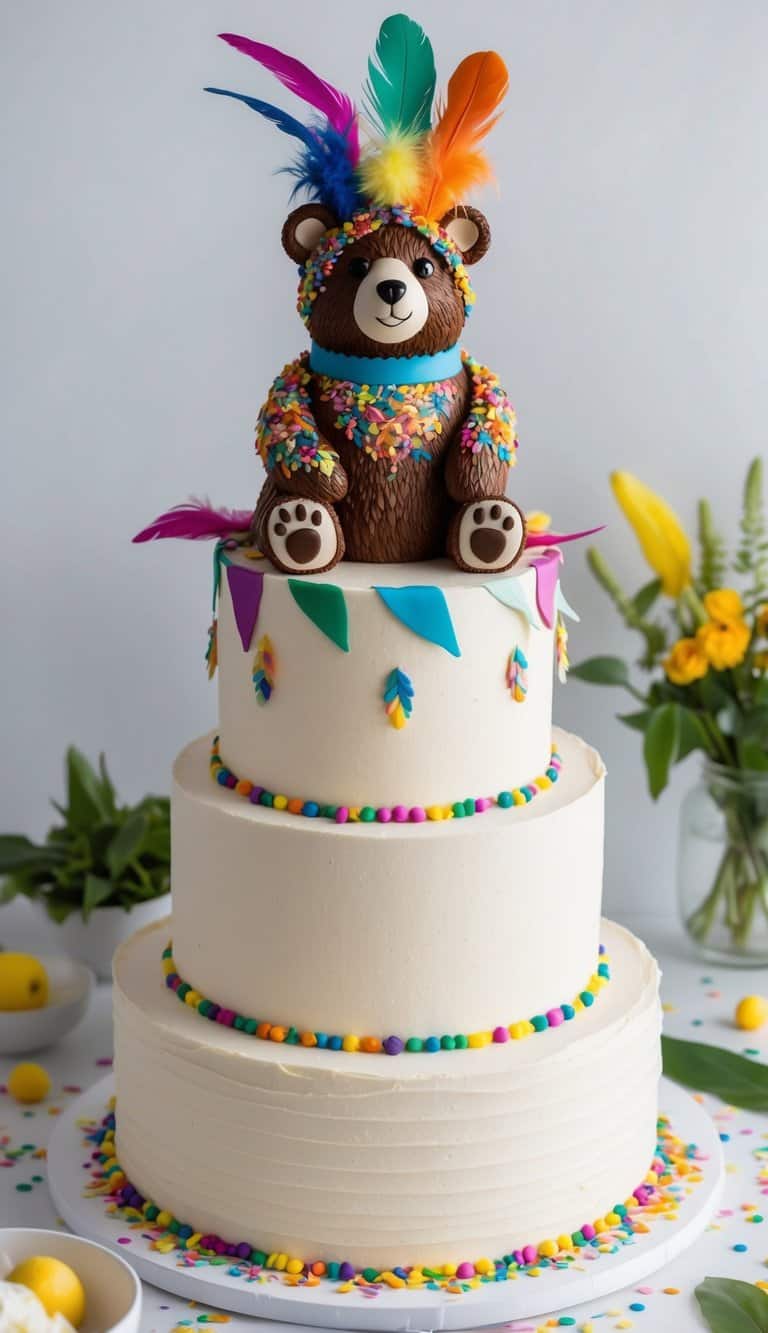 A festival bear adorned with colorful feathers sits atop a whimsical cake, surrounded by vibrant decorations and cheerful confetti