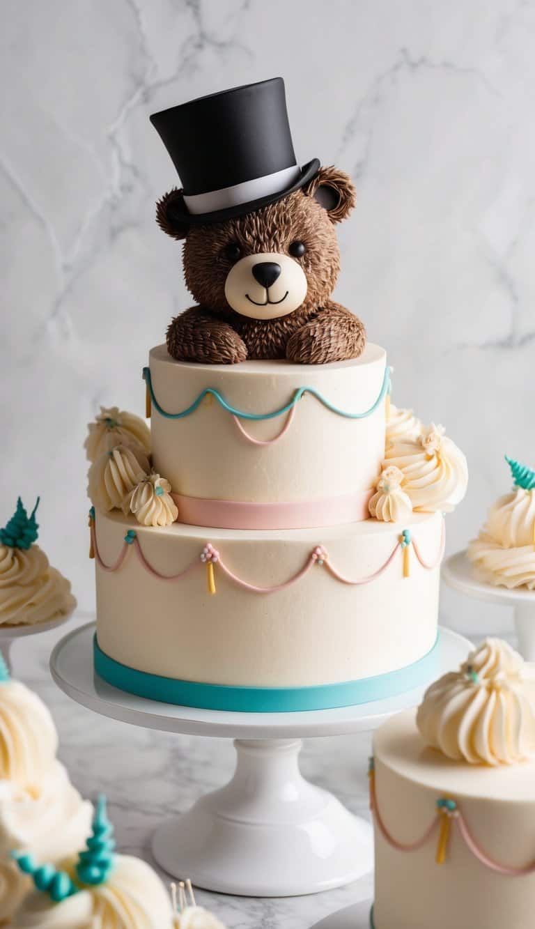 A bear wearing a top hat surrounded by whimsical cake decorations