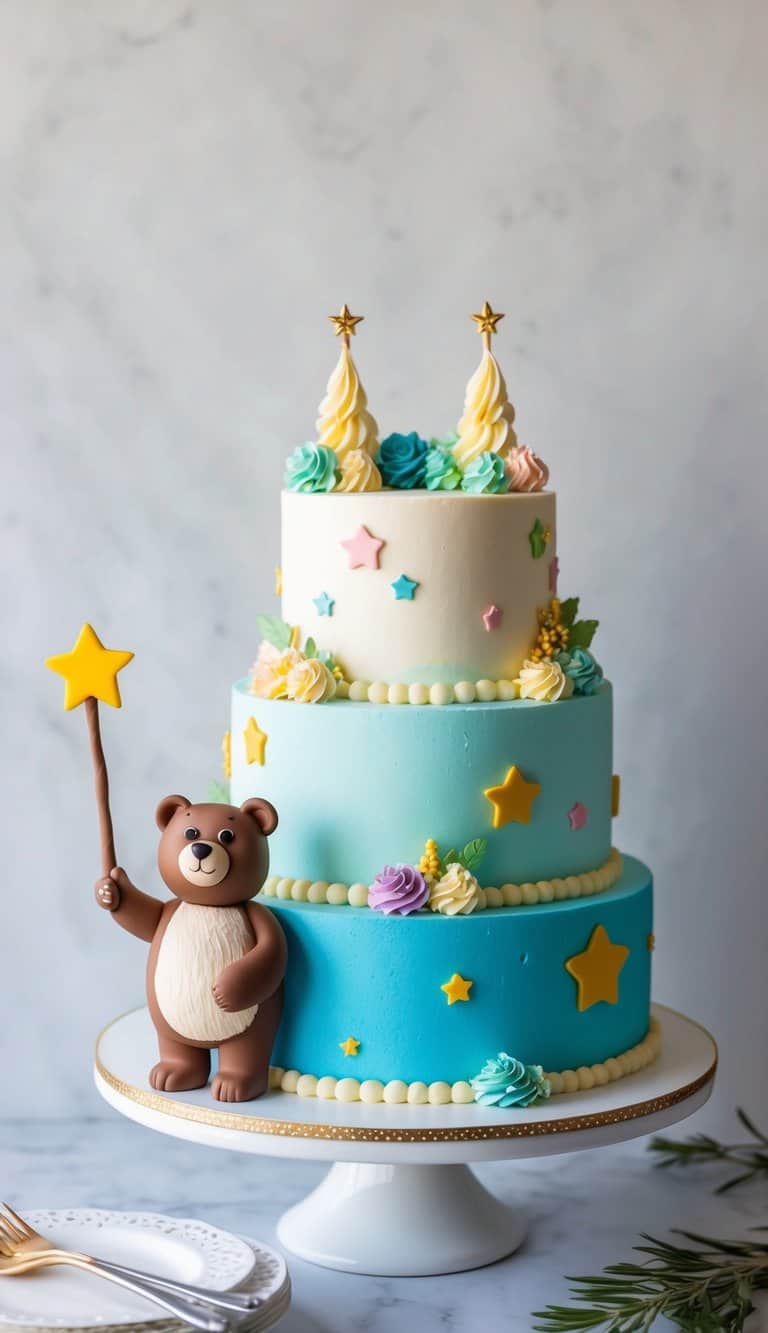 A fairytale bear holds a magic wand while standing in front of a whimsical bear-themed cake adorned with colorful decorations