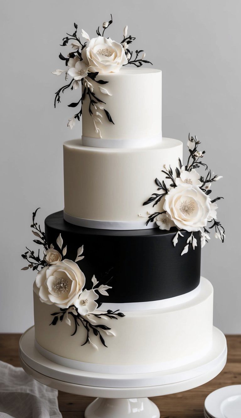 A tiered black and white cake with intricate floral piping and elegant ribbon accents