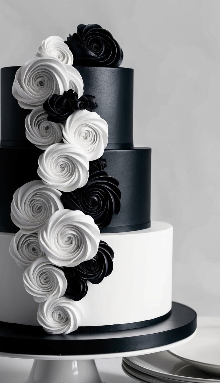 A sleek black and white cake adorned with intricate rosette swirls in a chic monochrome design