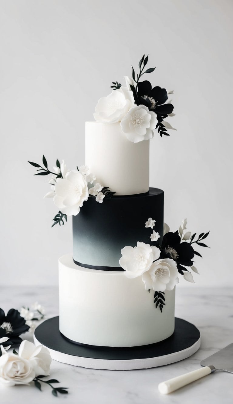A three-tiered ombre cake, transitioning from black to white, adorned with elegant black and white floral decorations