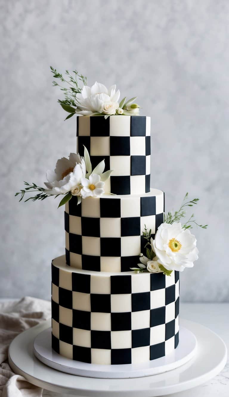 A three-tiered cake with a sophisticated checkerboard pattern in black and white, adorned with elegant floral decorations