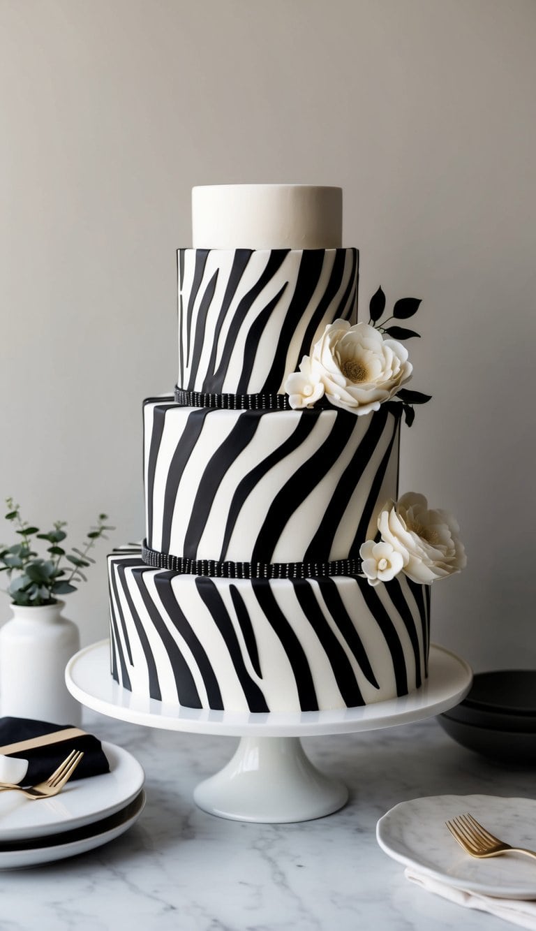 A bold zebra-patterned cake with black and white frosting, elegantly decorated with timeless and sophisticated designs