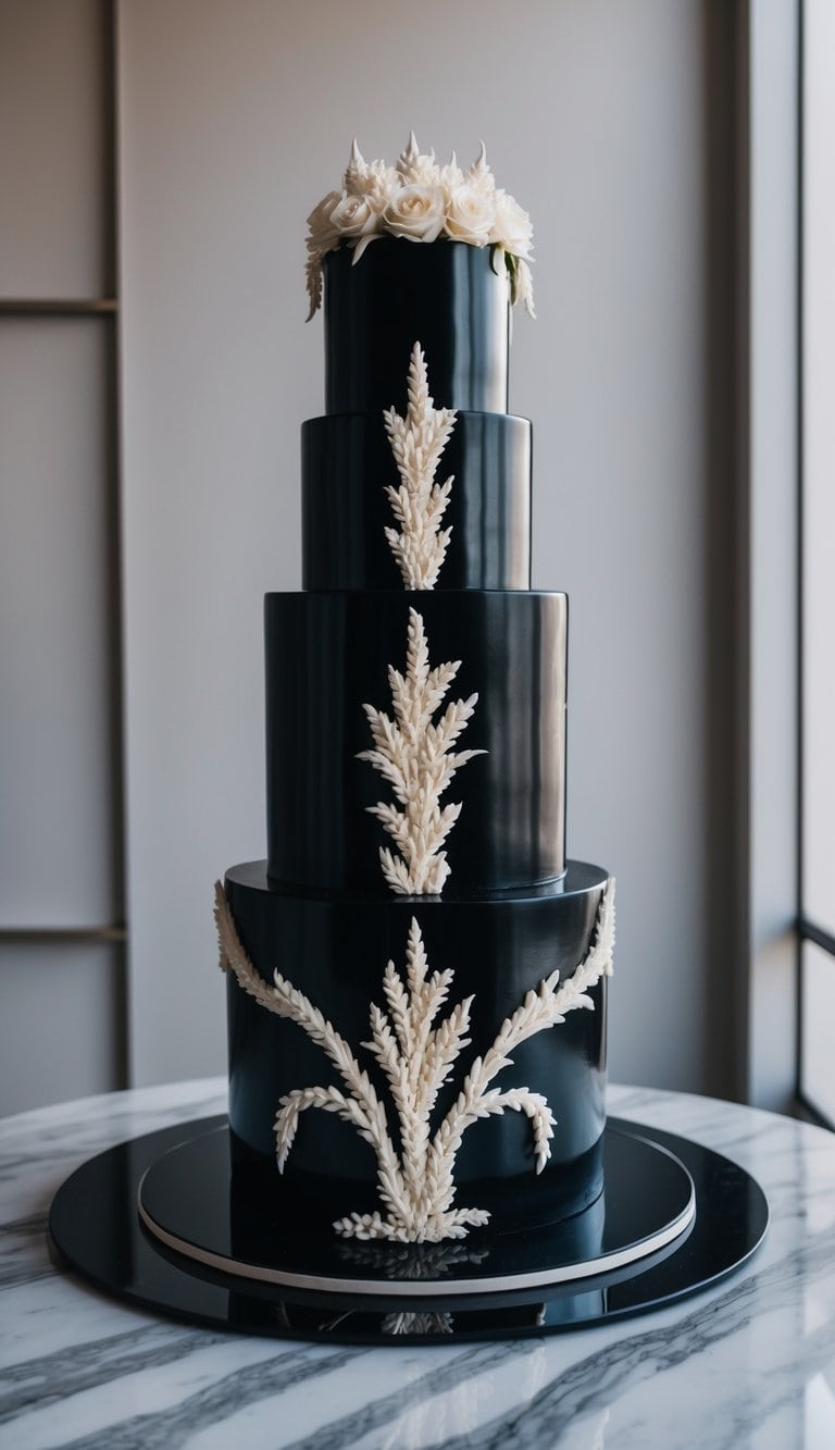 A tall, elegant black velvet cake adorned with intricate white frosting designs sits on a polished marble table, casting a dramatic and sophisticated presence