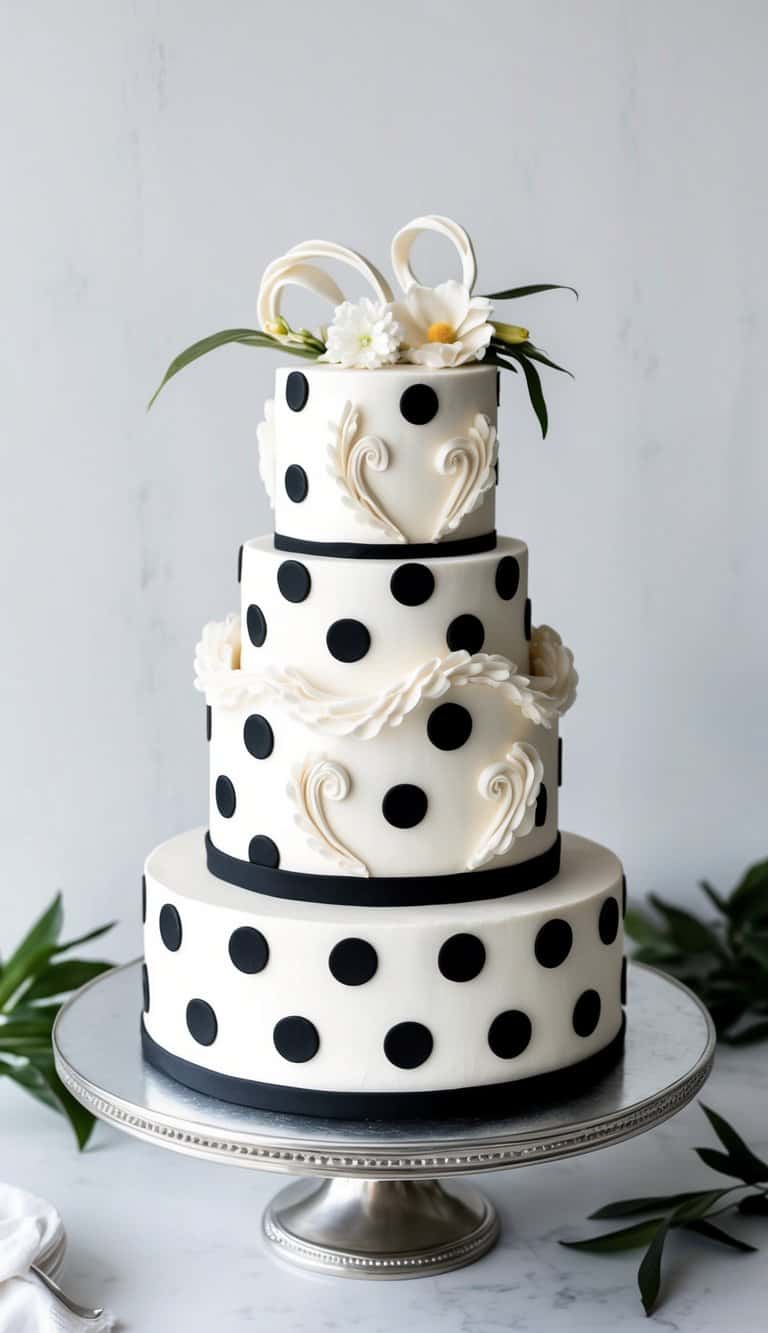 A black and white polka dot cake with intricate icing details on a elegant display stand