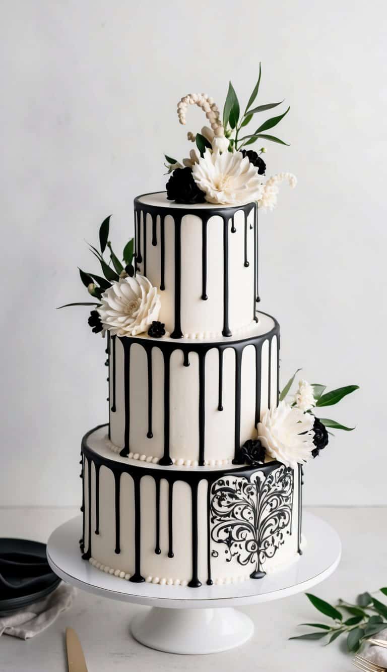 A whimsical black and white drizzle cascading down a tiered cake, adorned with elegant patterns and intricate designs