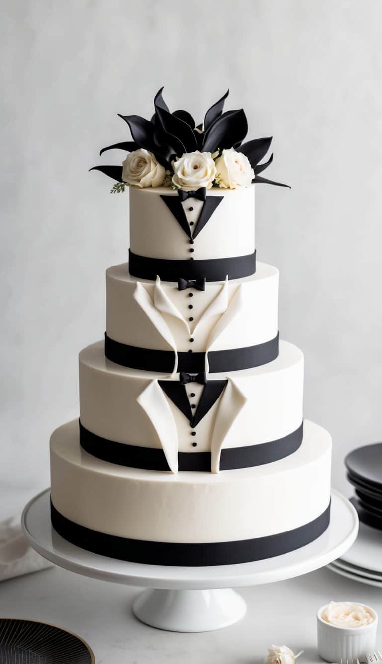 A three-tiered cake with alternating black and white layers, adorned with elegant tuxedo-inspired decorations