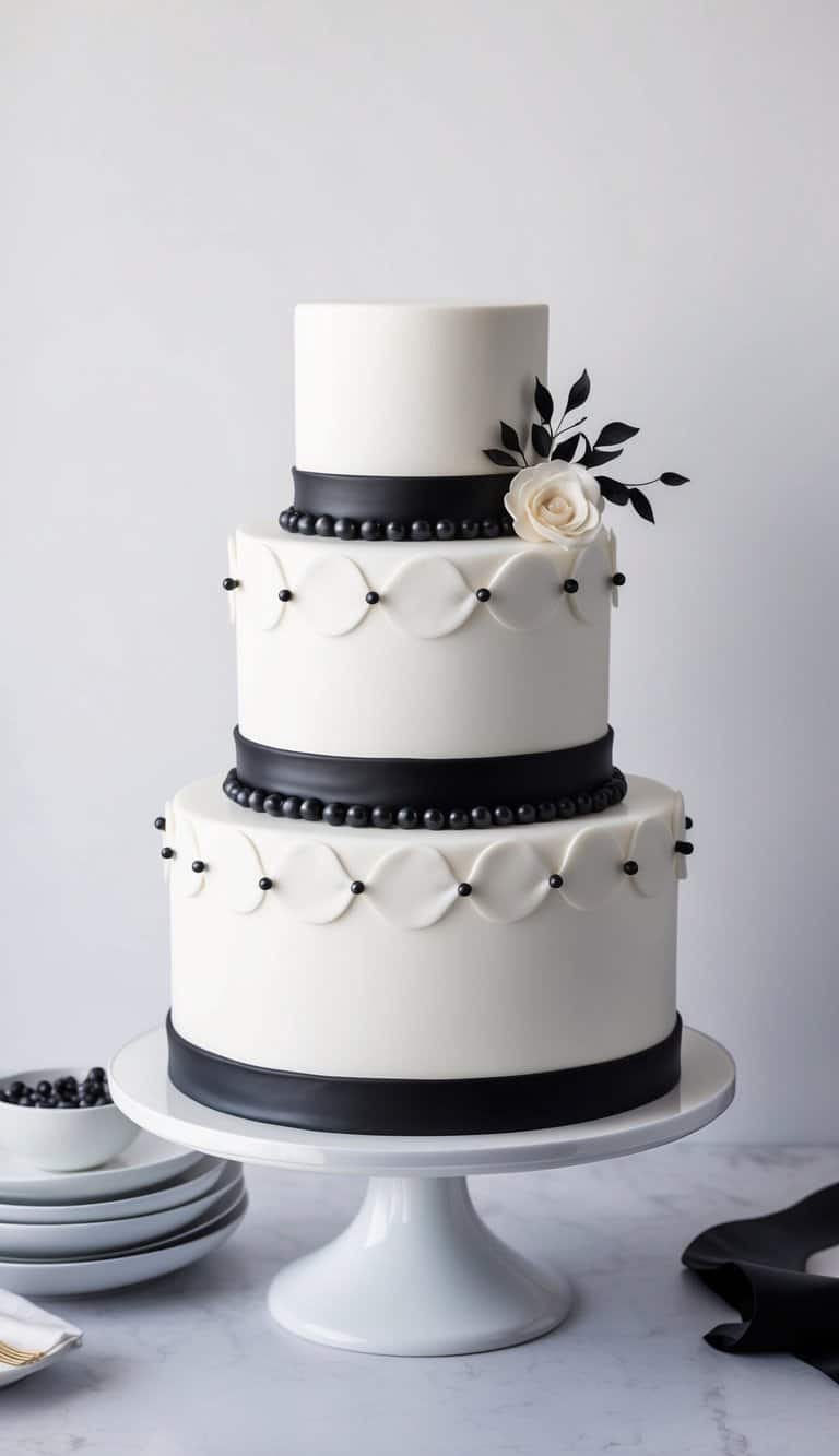 A white fondant cake adorned with elegant black pearls in a timeless black and white color scheme