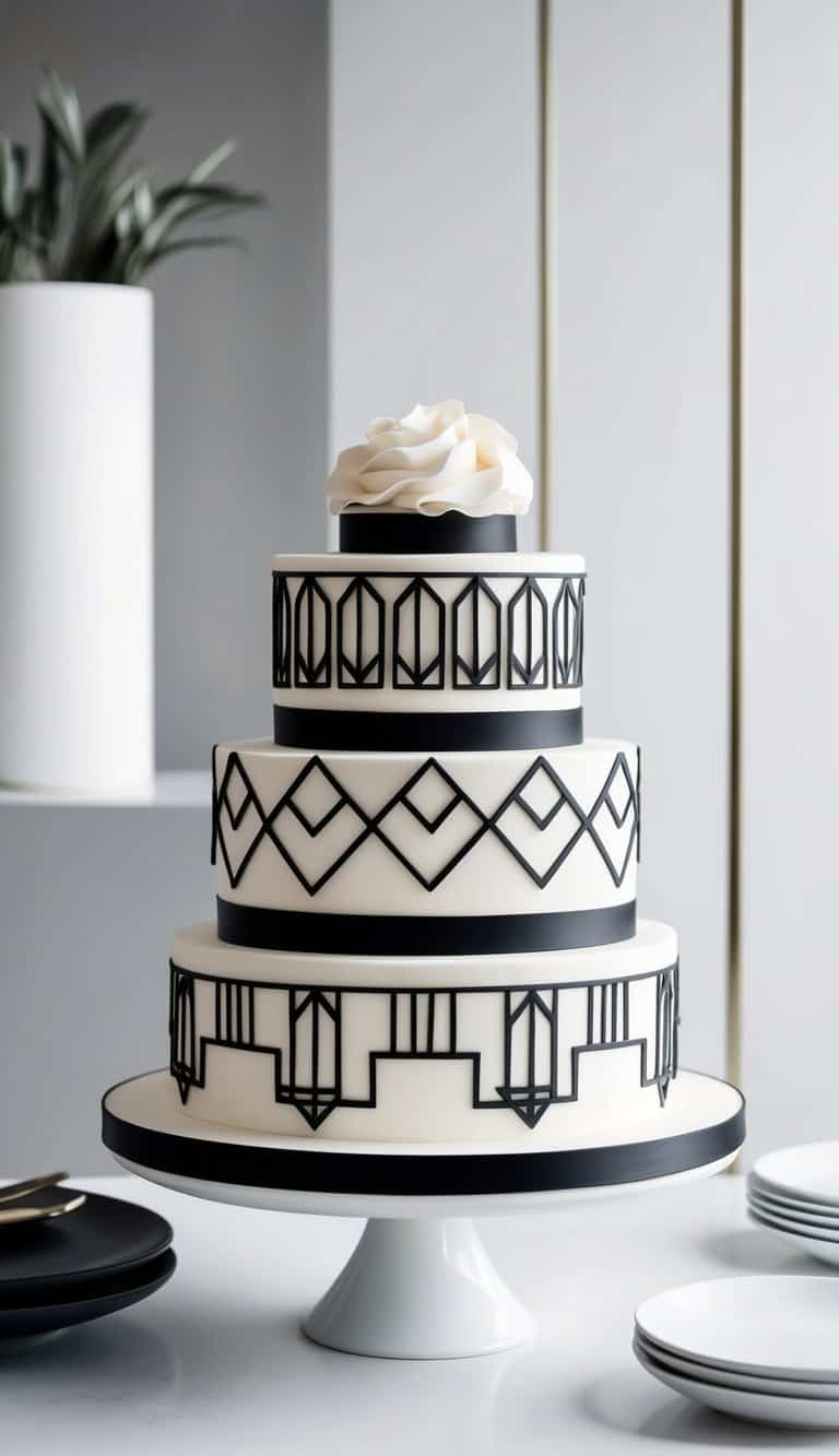 A tiered cake adorned with geometric Art Deco patterns in black and white, set against a backdrop of sleek, minimalist decor